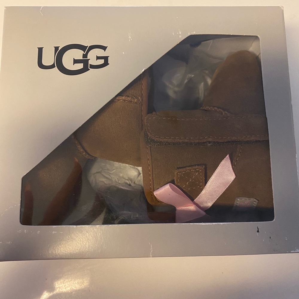 UGG Tan Baby Booties with Pink Bow 6-12months